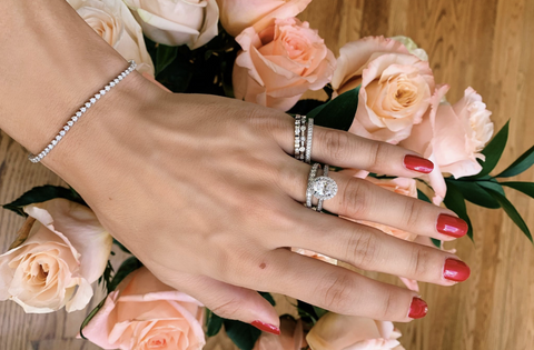 woman wearing stacked anniversary rings