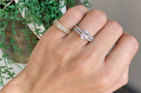 woman modeling diamond wedding bands