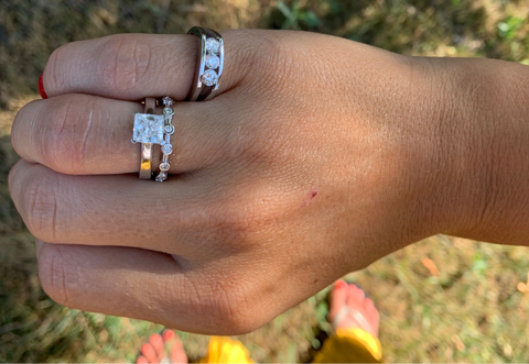 woman modeling Stacked Diamond Bands